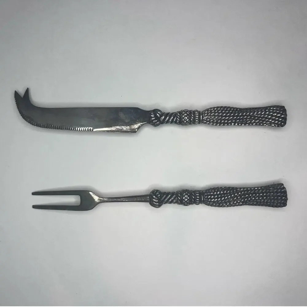 Silea Silver Vintage 80s Cheese Serving Set Knife & Fork Braided Cord Set of 2